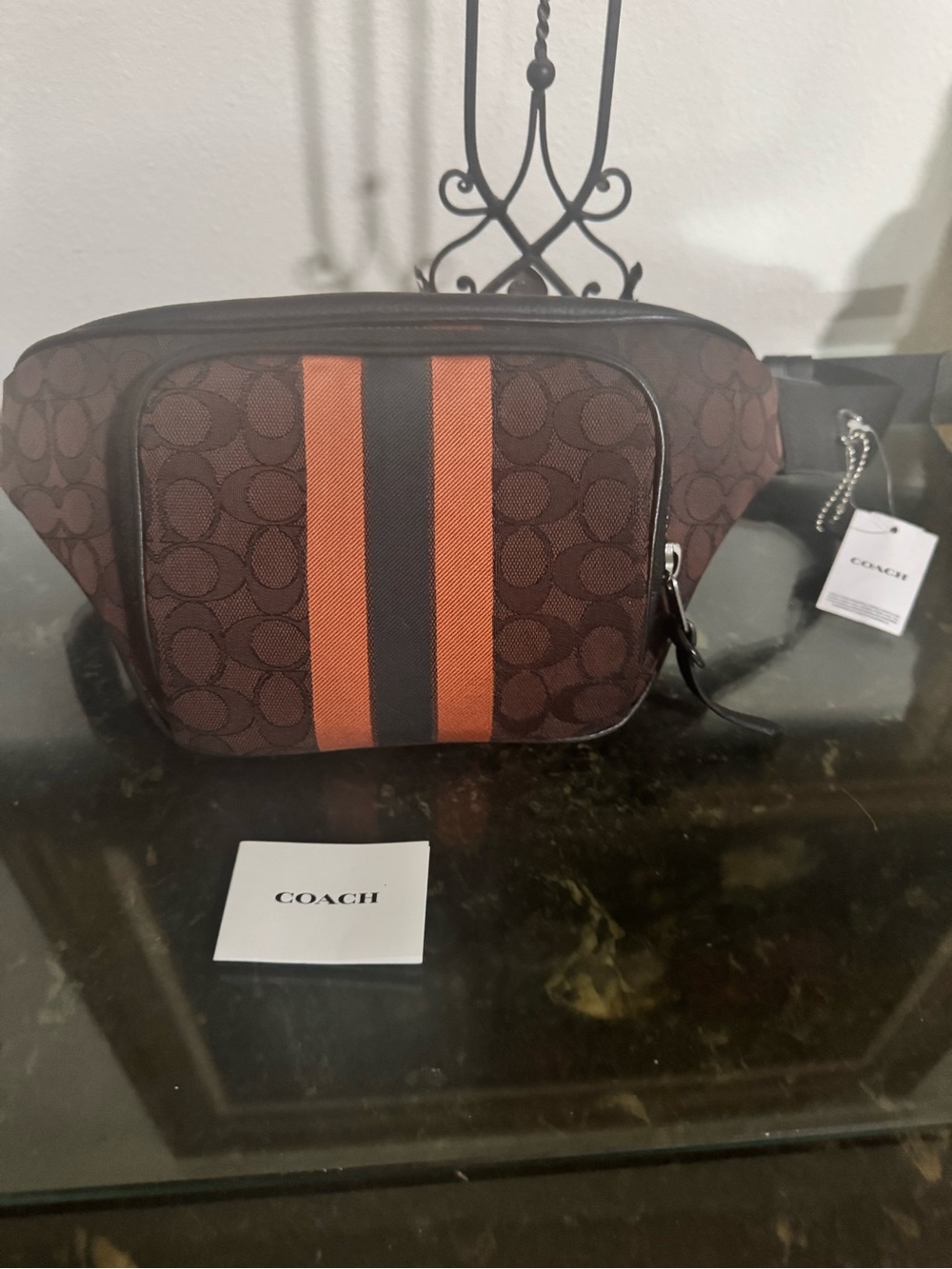 Coach Brown Signature Canvas Belt Bag with Orange and Green Stripe